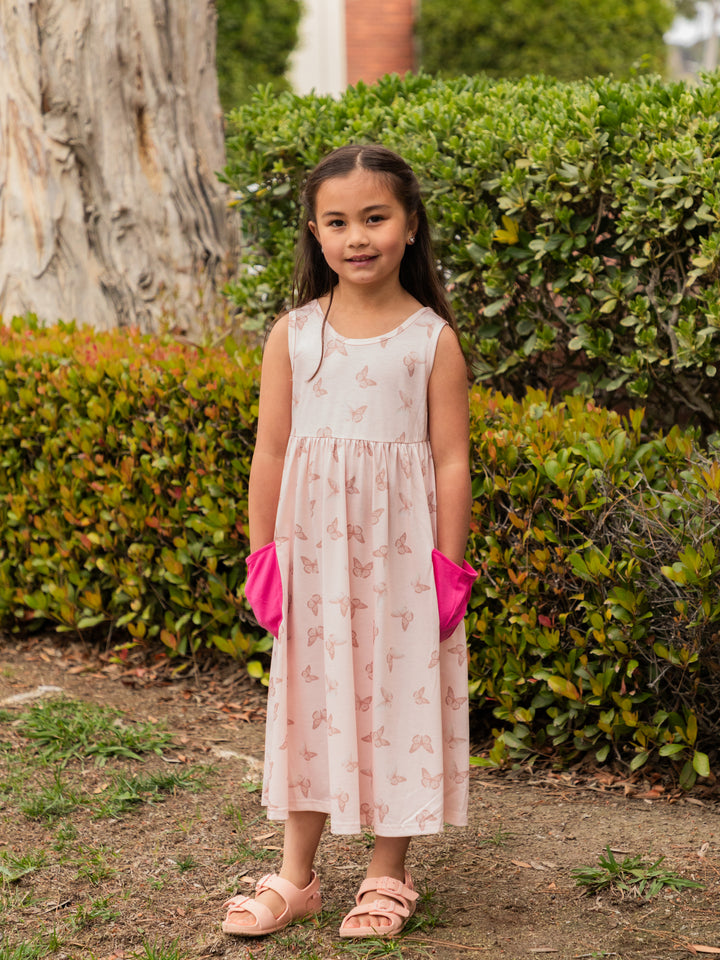 Printed Midi Pocket Little Girls Dress