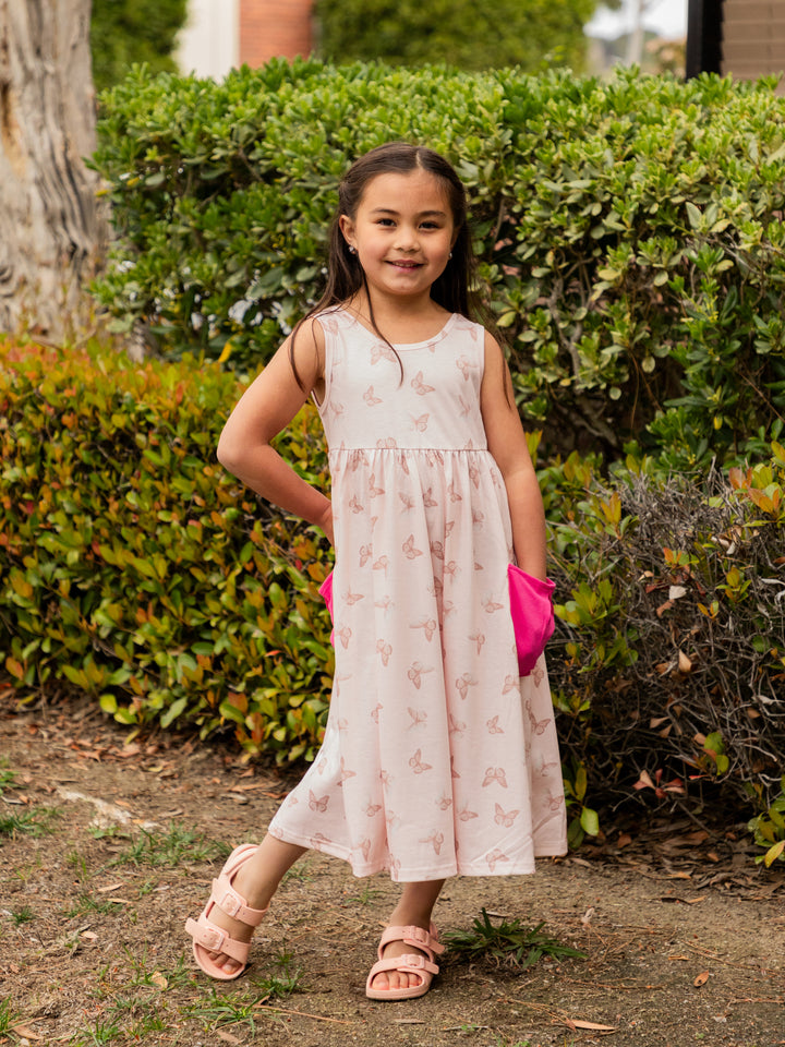 Printed Midi Pocket Little Girls Dress
