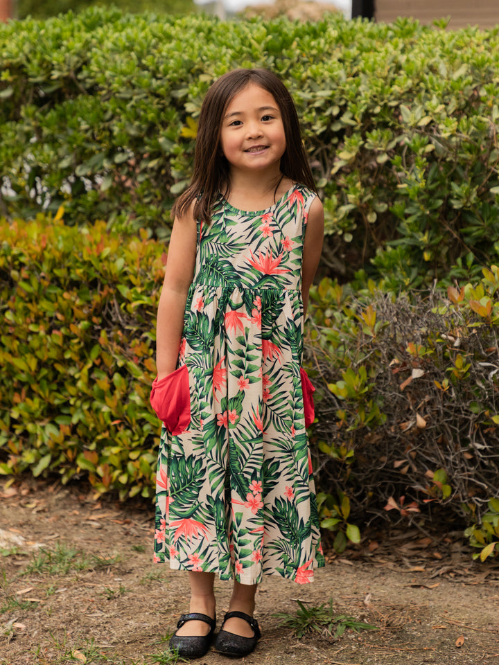 Printed Midi Pocket Little Girls Dress