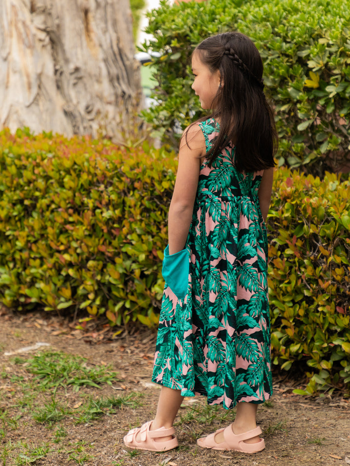 Printed Midi Pocket Little Girls Dress