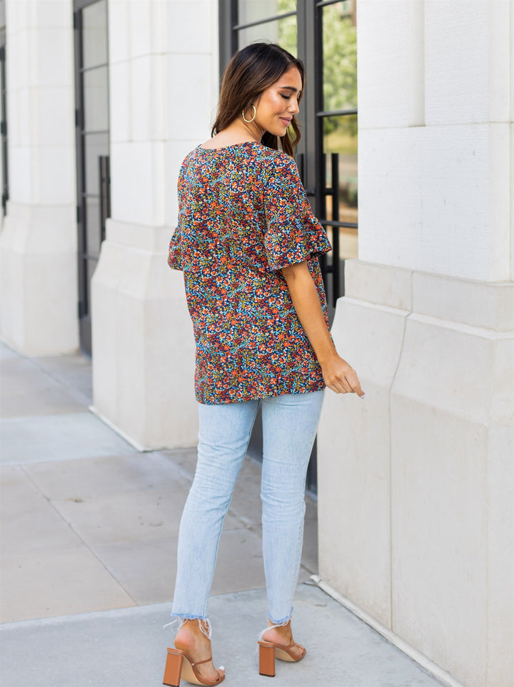Feminine Floral Flare Sleeve Top