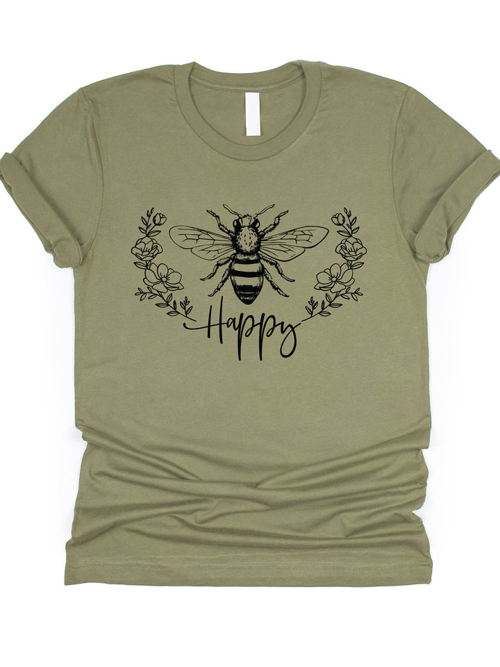Bee Happy Floral Wreath Graphic Tee