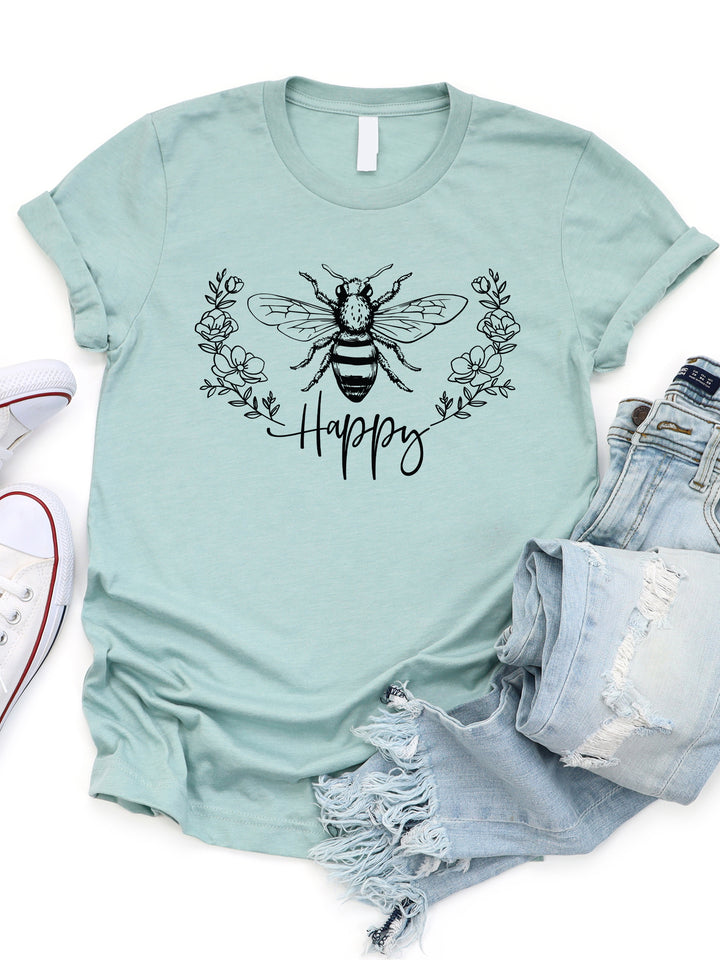 Bee Happy Floral Wreath Graphic Tee