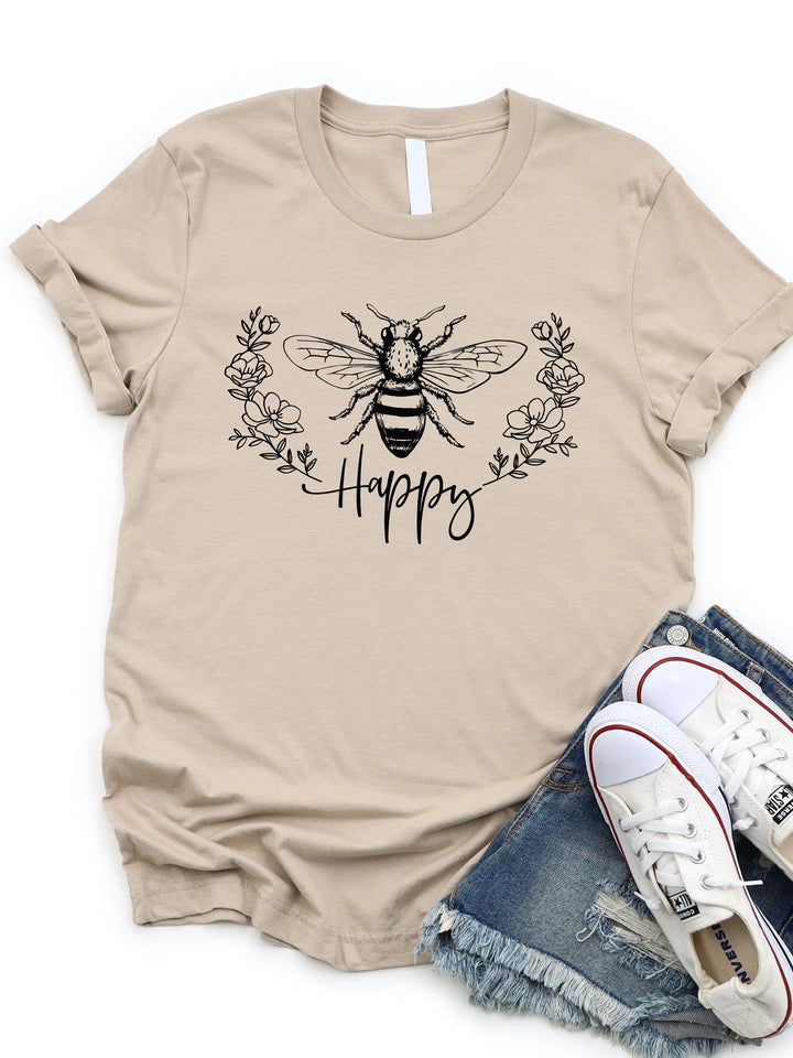 Bee Happy Floral Wreath Graphic Tee