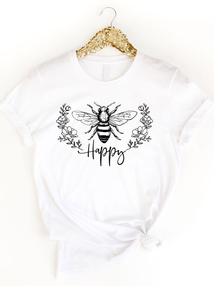 Bee Happy Floral Wreath Graphic Tee
