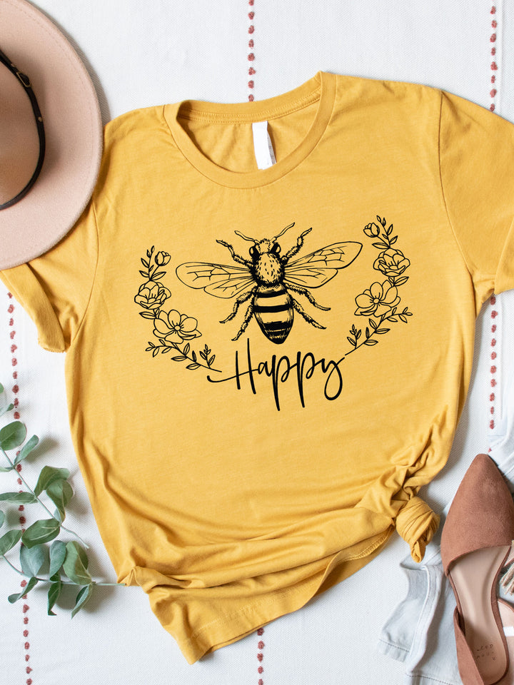 Bee Happy Floral Wreath Graphic Tee