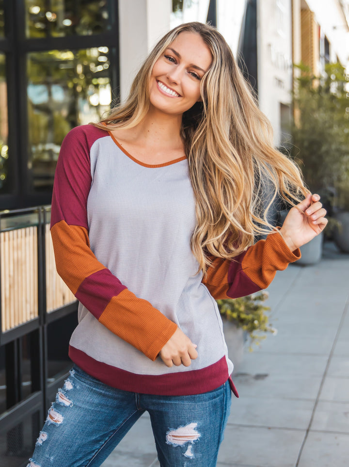 Contrast Sleeve Waffle Knit Top