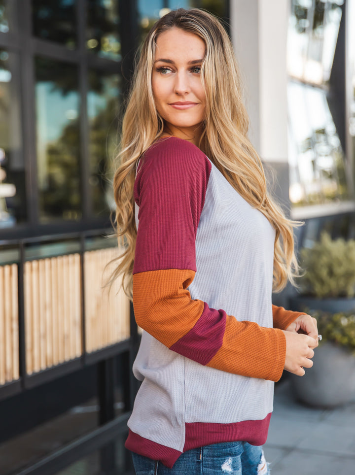 Contrast Sleeve Waffle Knit Top