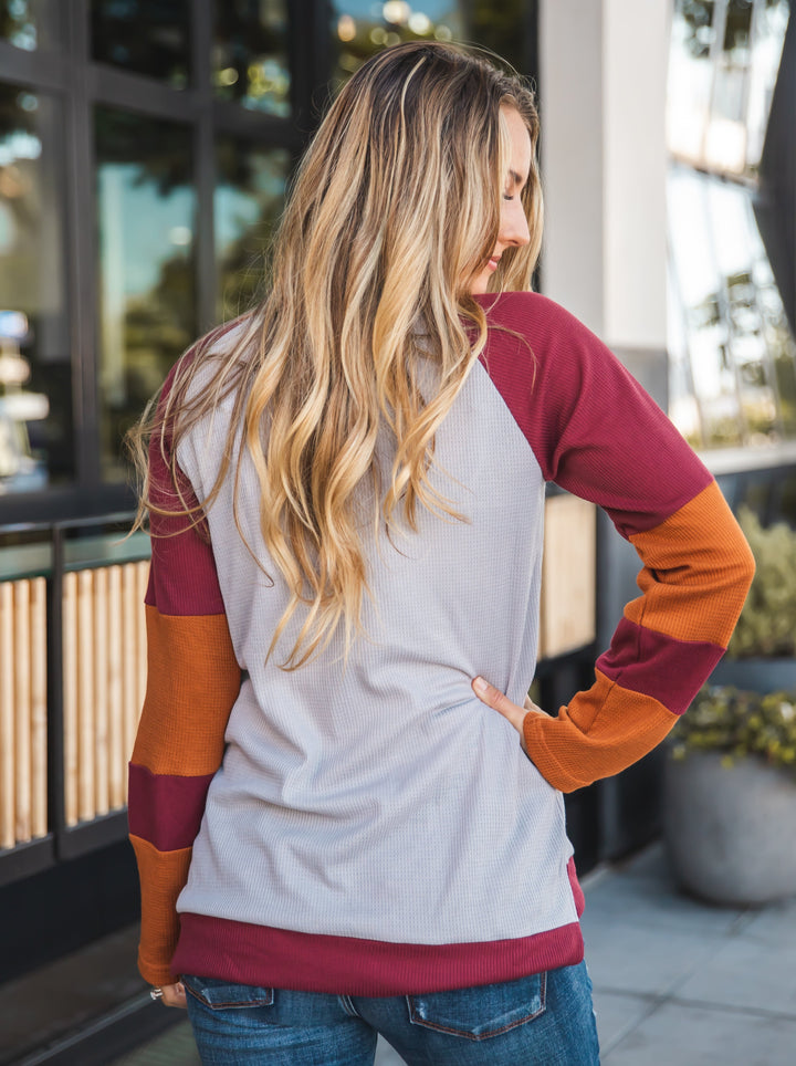Contrast Sleeve Waffle Knit Top