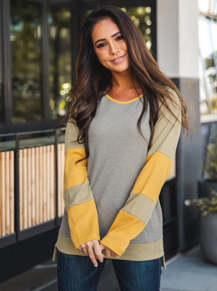 Contrast Sleeve Waffle Knit Top