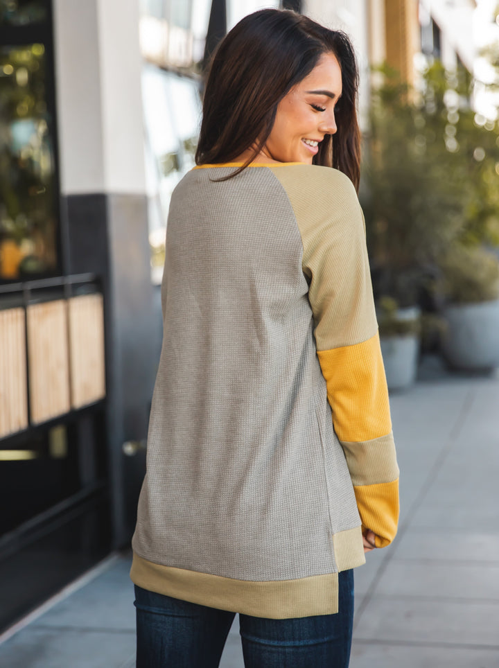Contrast Sleeve Waffle Knit Top