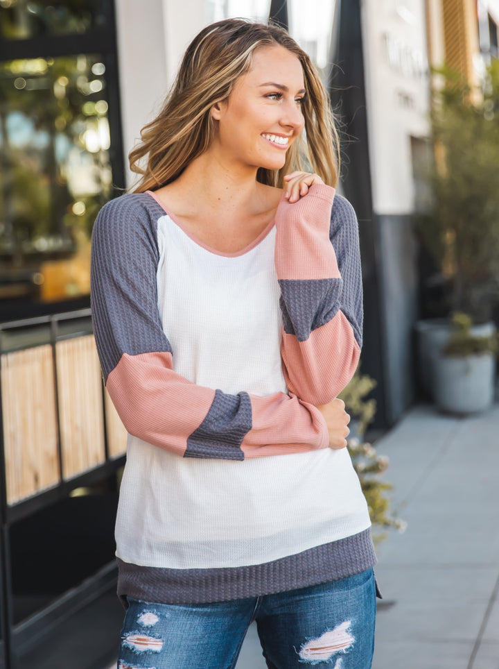 Contrast Sleeve Waffle Knit Top