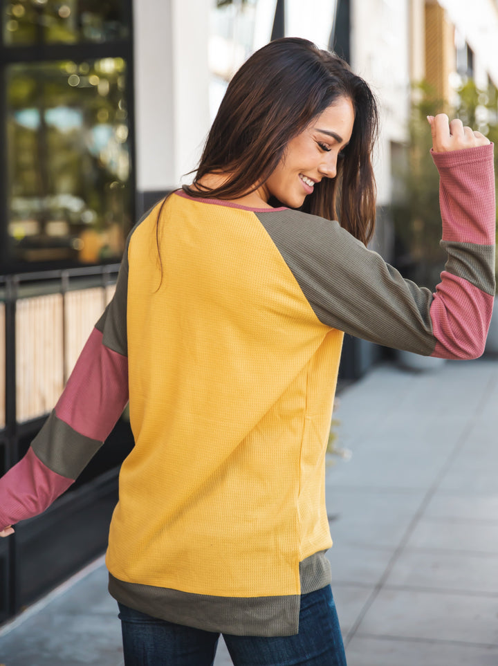 Contrast Sleeve Waffle Knit Top