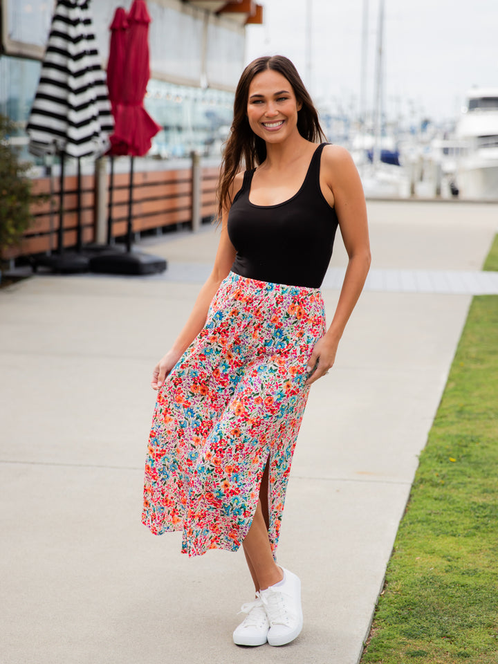 Spring Floral Midi Side Slit Skirt
