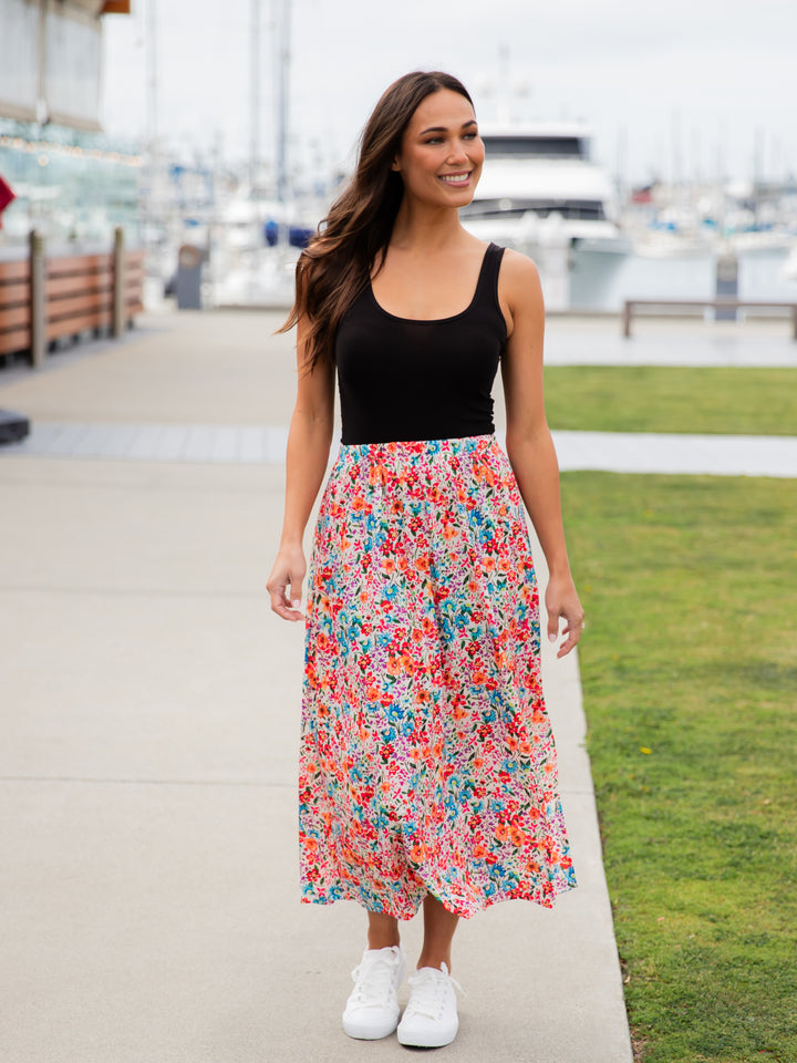Spring Floral Midi Side Slit Skirt