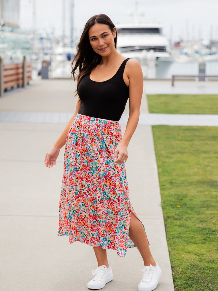 Spring Floral Midi Side Slit Skirt