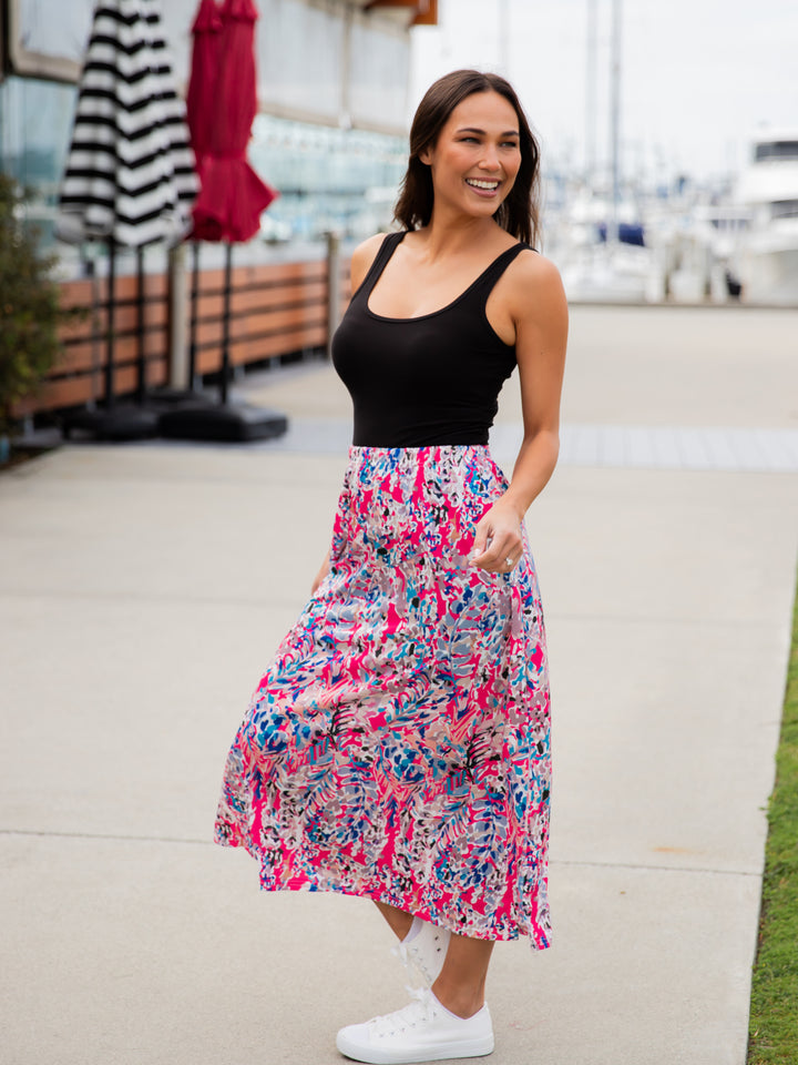 Spring Floral Midi Side Slit Skirt