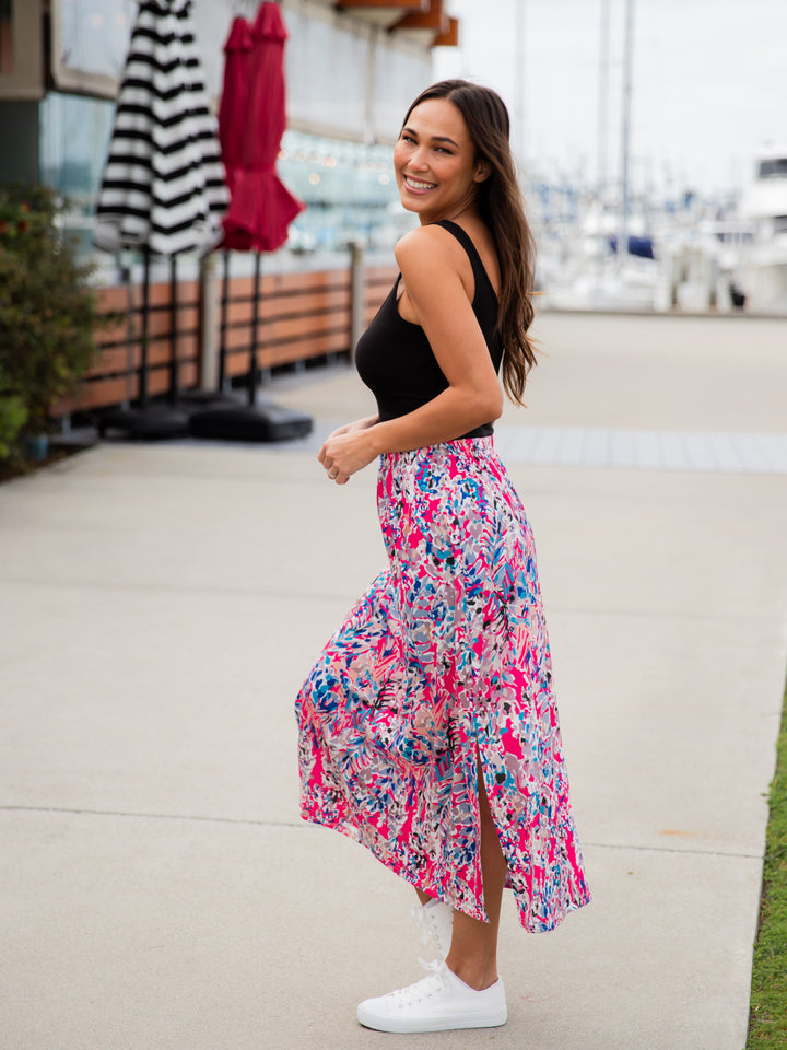 Spring Floral Midi Side Slit Skirt