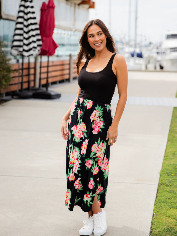 Spring Floral Midi Side Slit Skirt