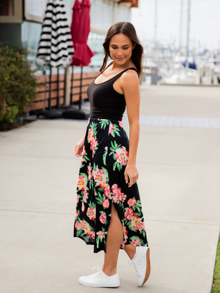 Spring Floral Midi Side Slit Skirt