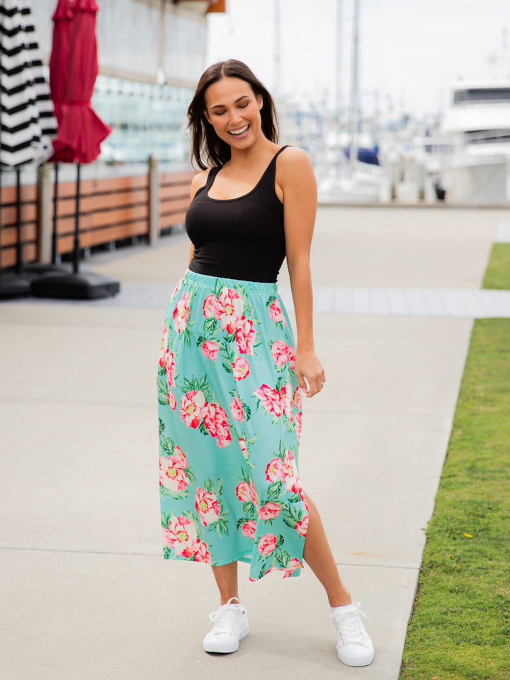 Spring Floral Midi Side Slit Skirt