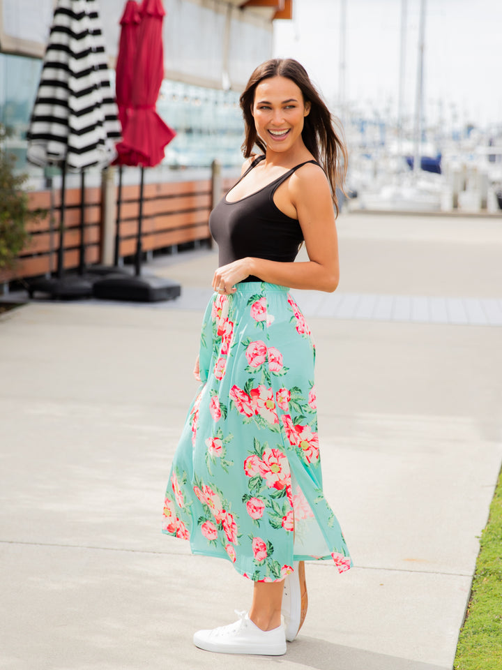 Spring Floral Midi Side Slit Skirt