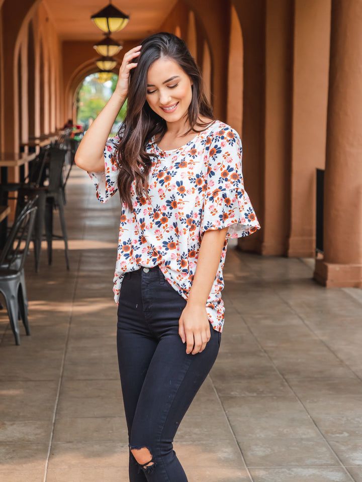 Bold Floral Flare Sleeve Top