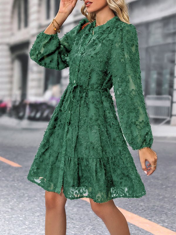 Lace Bubble Sleeve Tiered Dress Large / Raisin