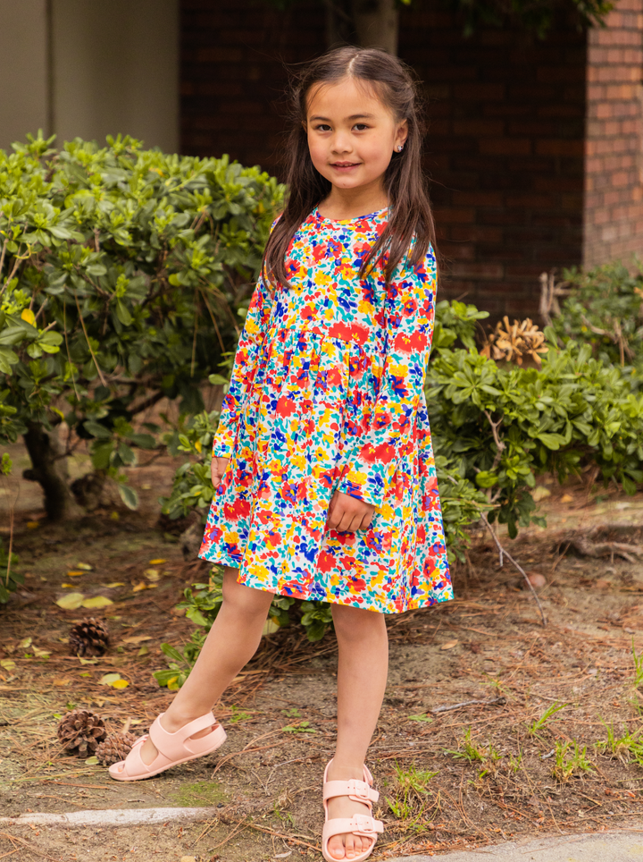 Printed Long Sleeve Little Girls Dress