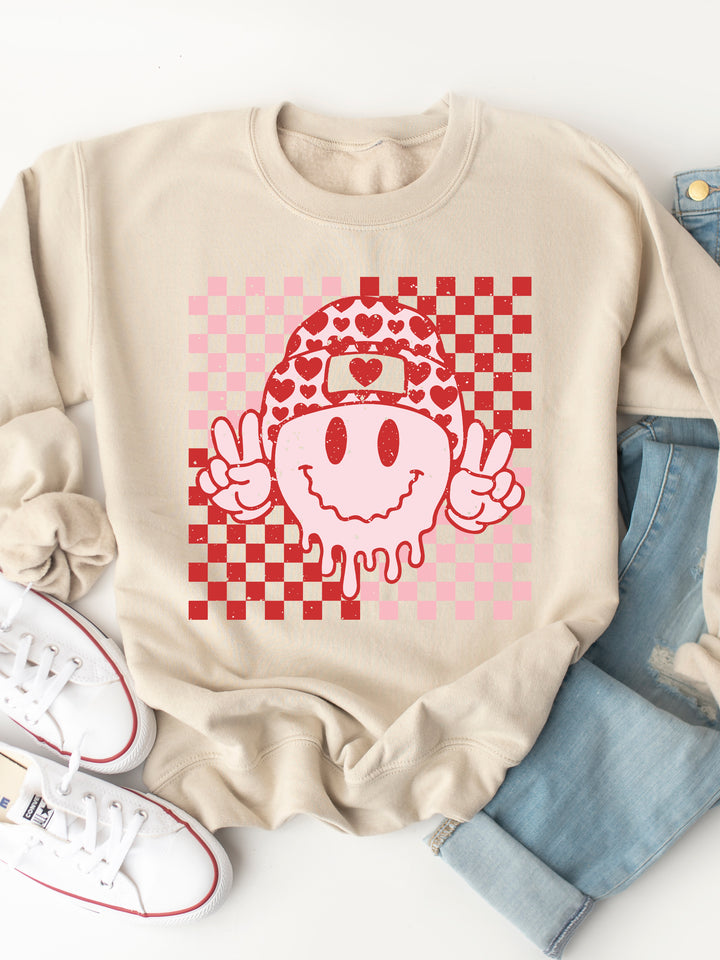 Checker Valentine Smiley Face Graphic Sweatshirt