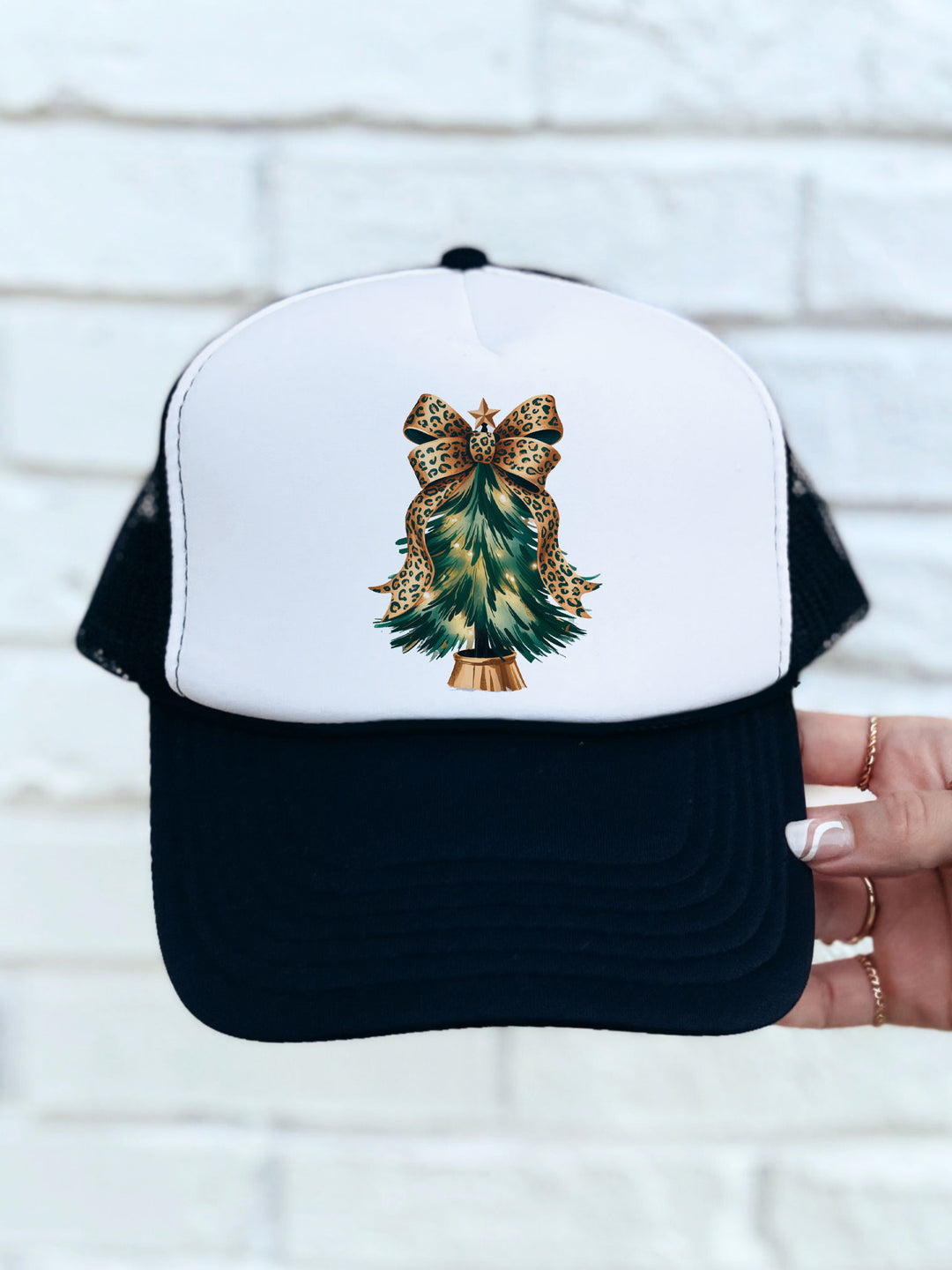 Cheetah Print Bow Christmas Tree Trucker Hat