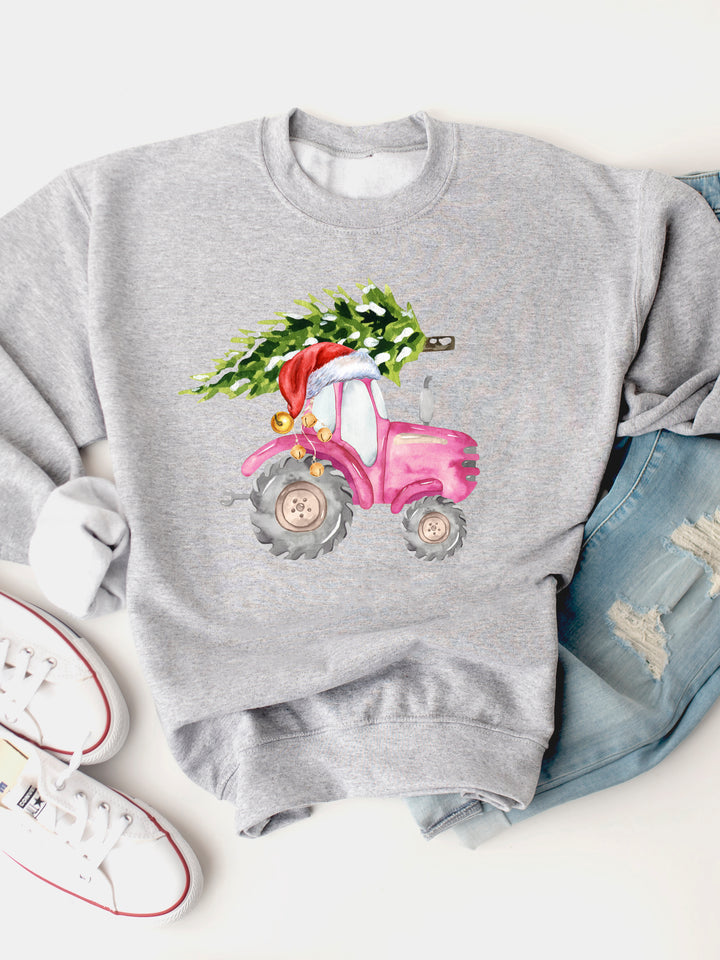 Pink Tractor Christmas Tree - Christmas Graphic Sweatshirt