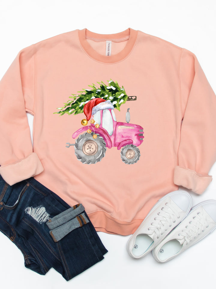 Pink Tractor Christmas Tree - Christmas Graphic Sweatshirt