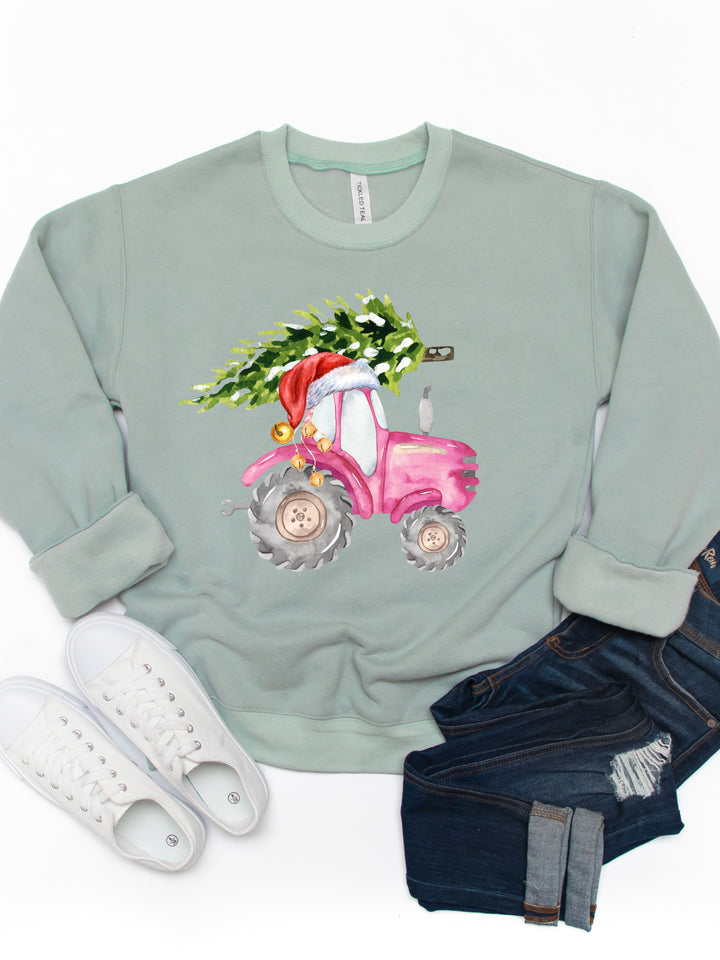 Pink Tractor Christmas Tree - Christmas Graphic Sweatshirt