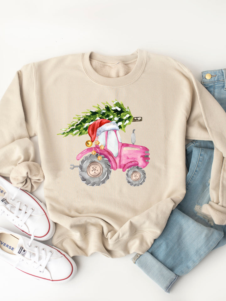 Pink Tractor Christmas Tree - Christmas Graphic Sweatshirt