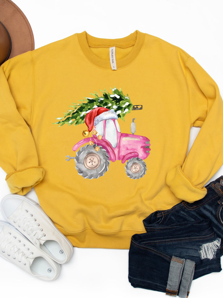Pink Tractor Christmas Tree - Christmas Graphic Sweatshirt