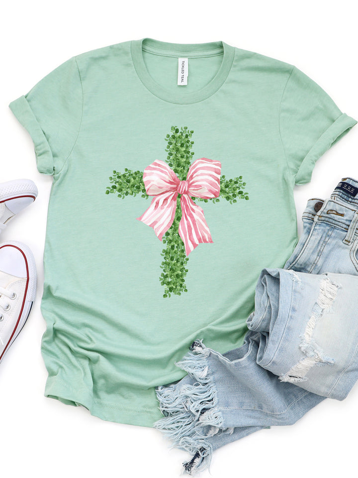 Striped Bow Greenery Cross Graphic Tee