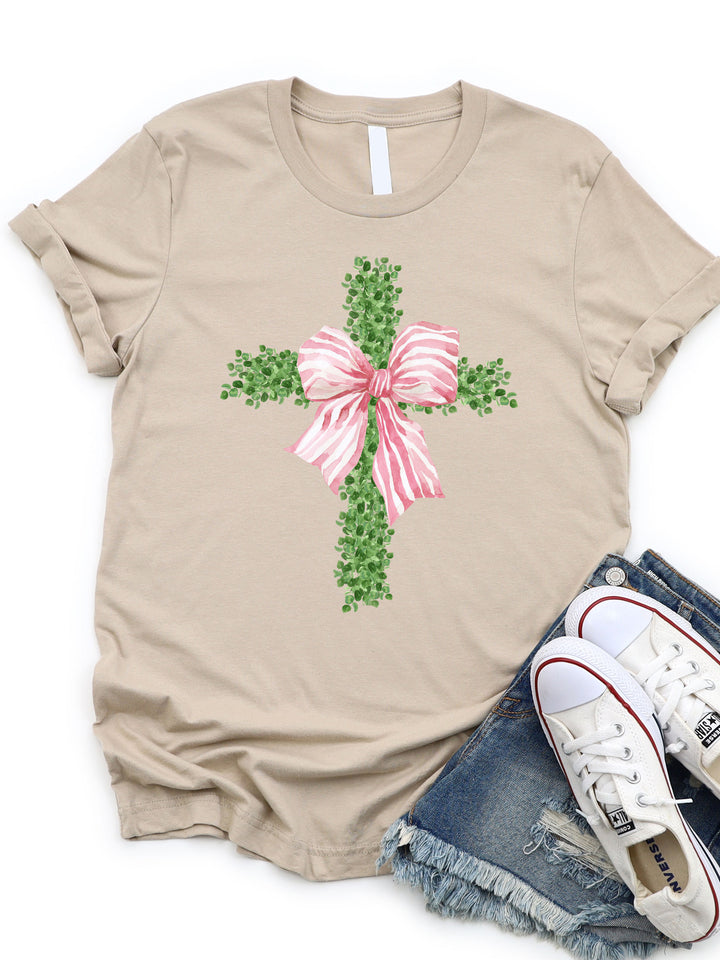 Striped Bow Greenery Cross Graphic Tee
