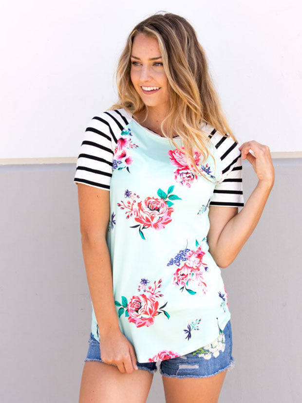 Stripe Sleeve Floral Raglan Top