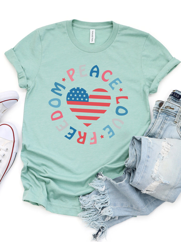 Peace Love Freedom Flag Heart Graphic Tee
