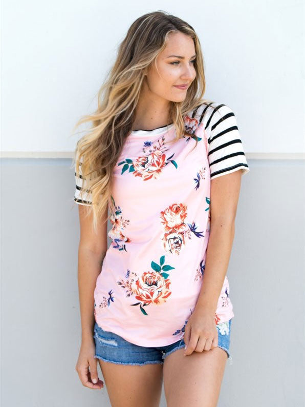 Stripe Sleeve Floral Raglan Top