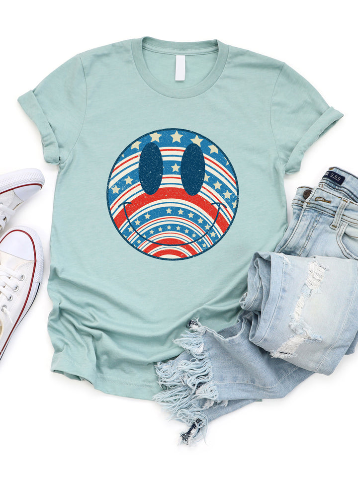 Star Stripes Smiley Face Graphic Tee
