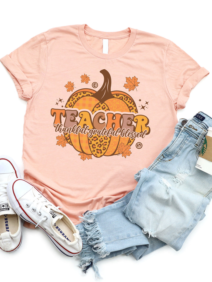 Teacher Pumpkin Grateful Thankful Blessed Graphic Tee