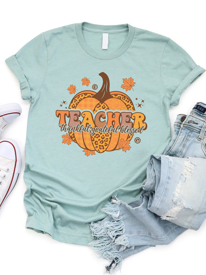 Teacher Pumpkin Grateful Thankful Blessed Graphic Tee