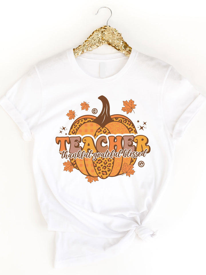Teacher Pumpkin Grateful Thankful Blessed Graphic Tee