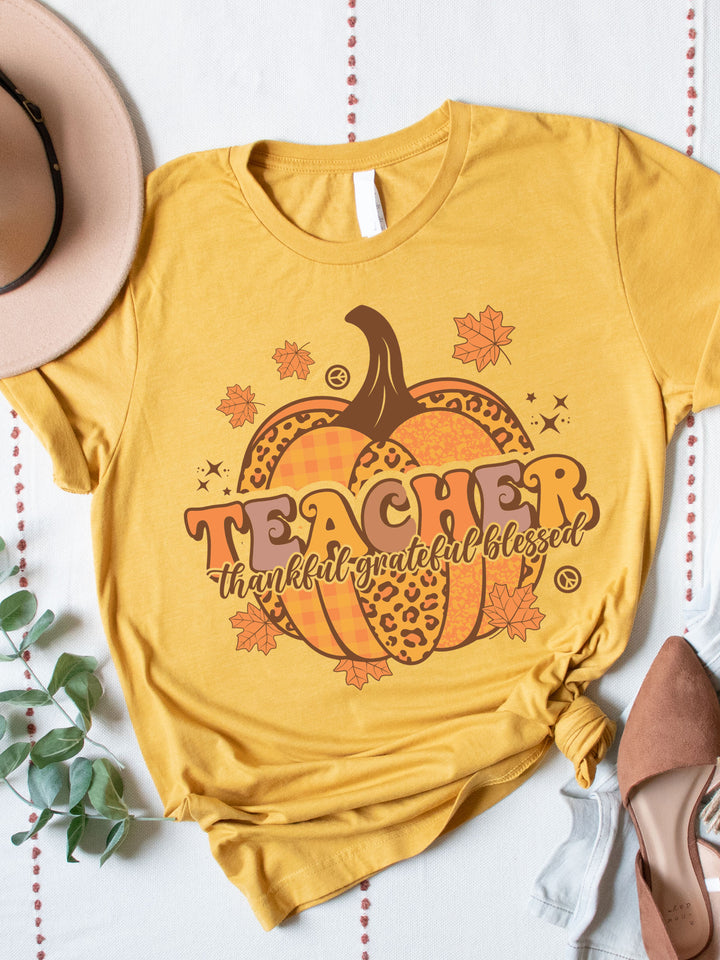 Teacher Pumpkin Grateful Thankful Blessed Graphic Tee