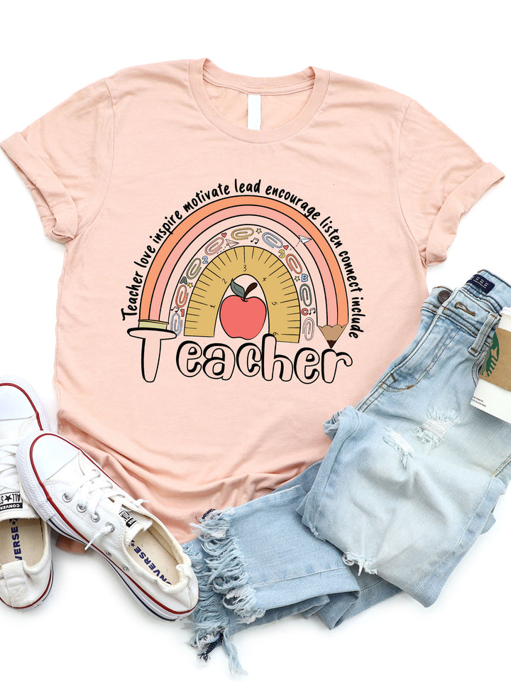 Teacher Pencil Ruler Rainbow Graphic Tee