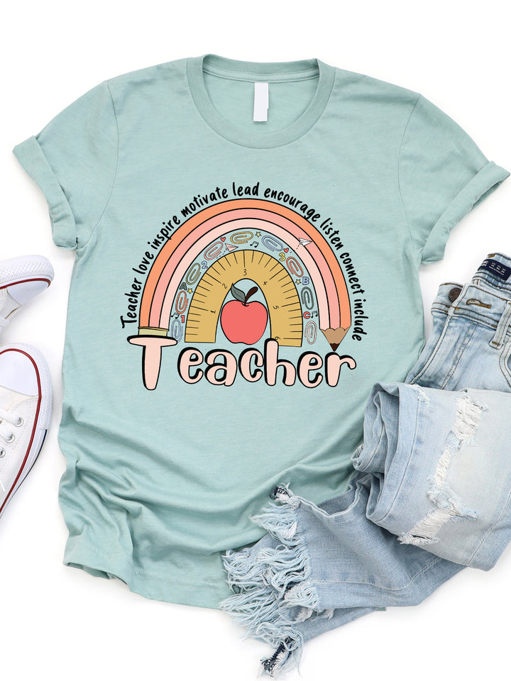 Teacher Pencil Ruler Rainbow Graphic Tee