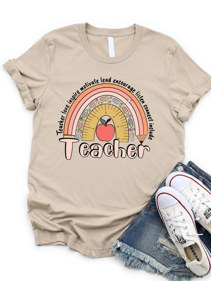 Teacher Pencil Ruler Rainbow Graphic Tee