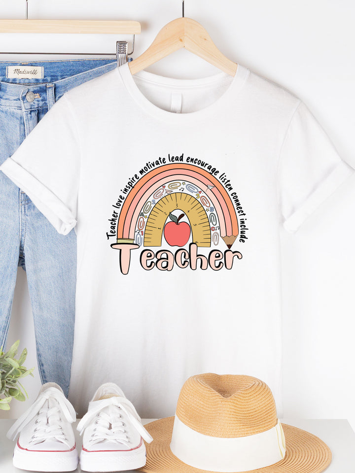 Teacher Pencil Ruler Rainbow Graphic Tee